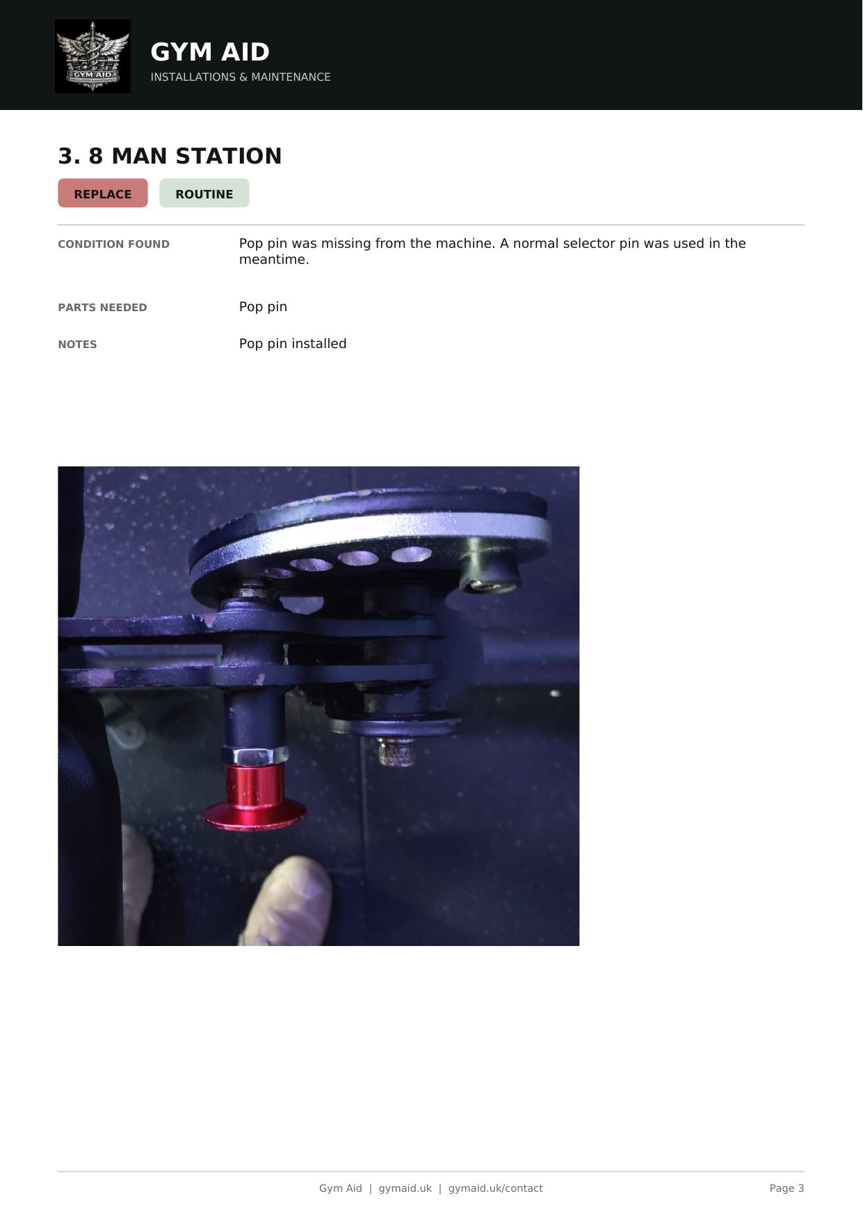 Anonymised Gym Aid maintenance report page 3